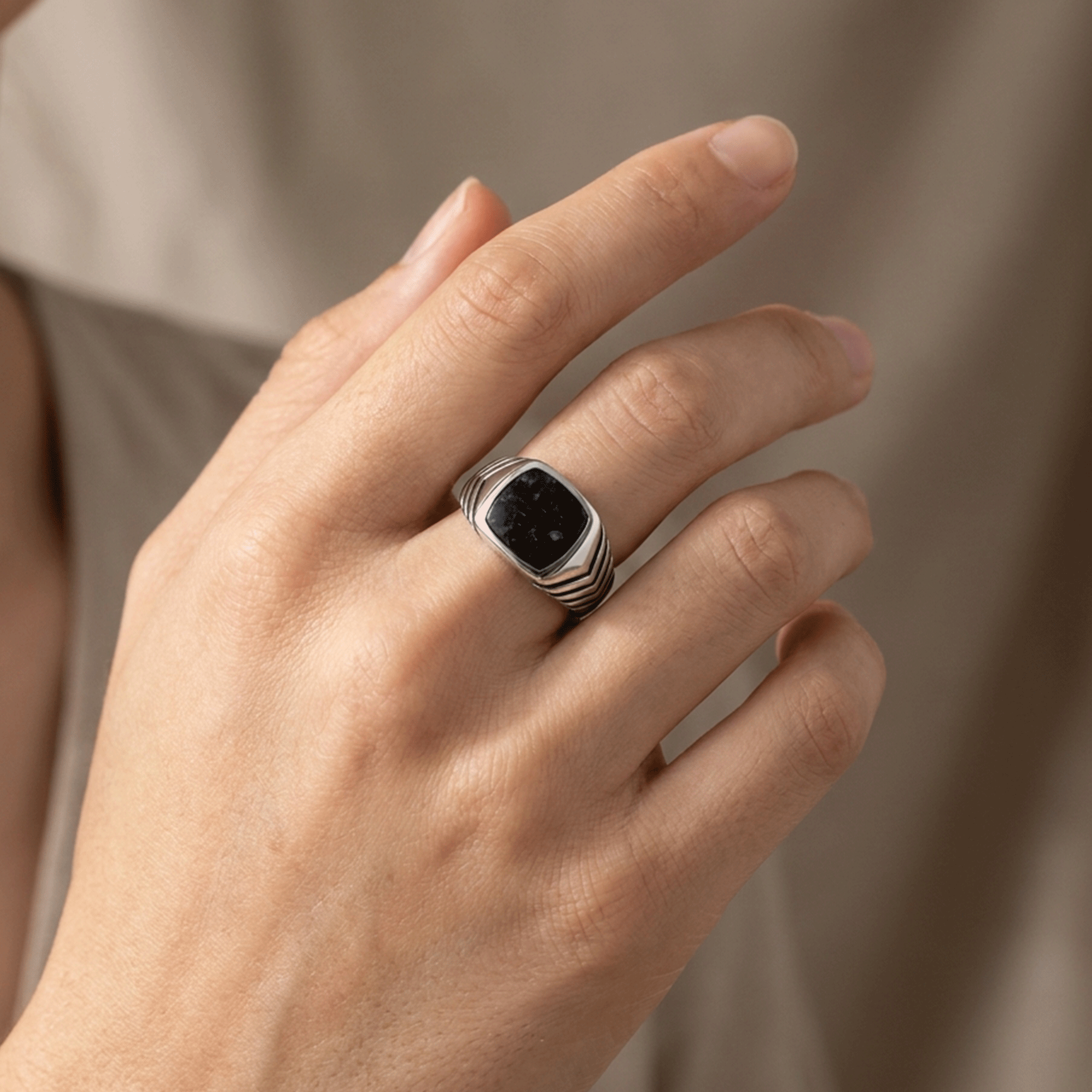 Men’s silver ring with a natural black onyx stone, 925 .