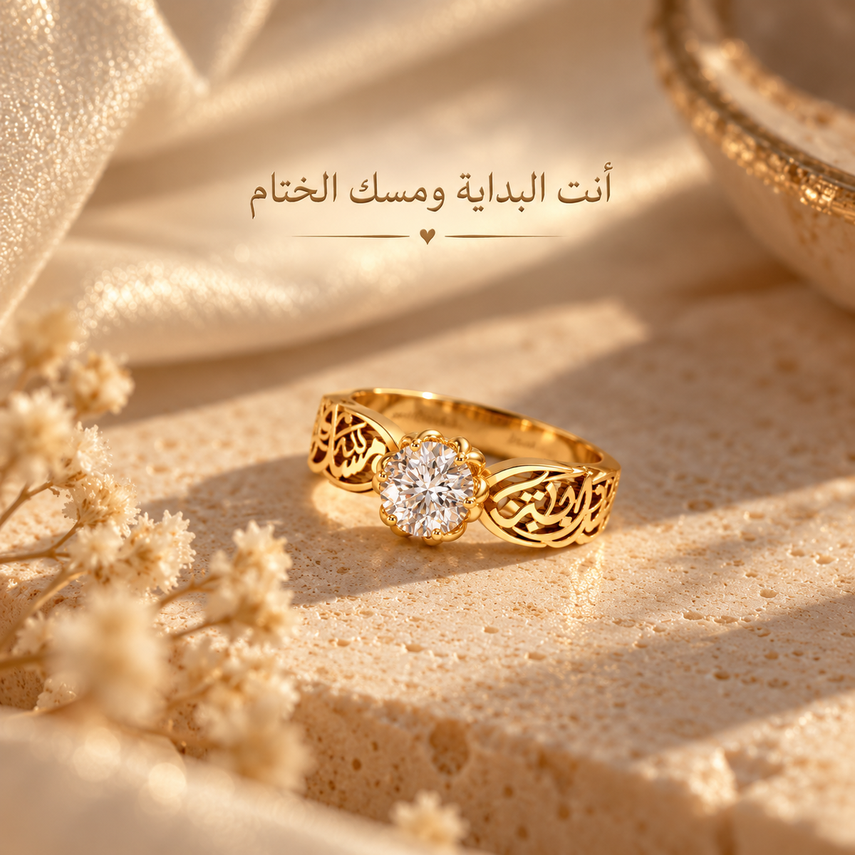 "Anta Al Bedaya Wa Misk Al Khetam" Ring White Stone