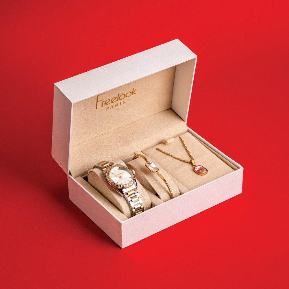 طقم هدايا فري لوك (ساعة يد فري لوك حريمي أنالوج ستانلس ستيل , عقد , انسيال)