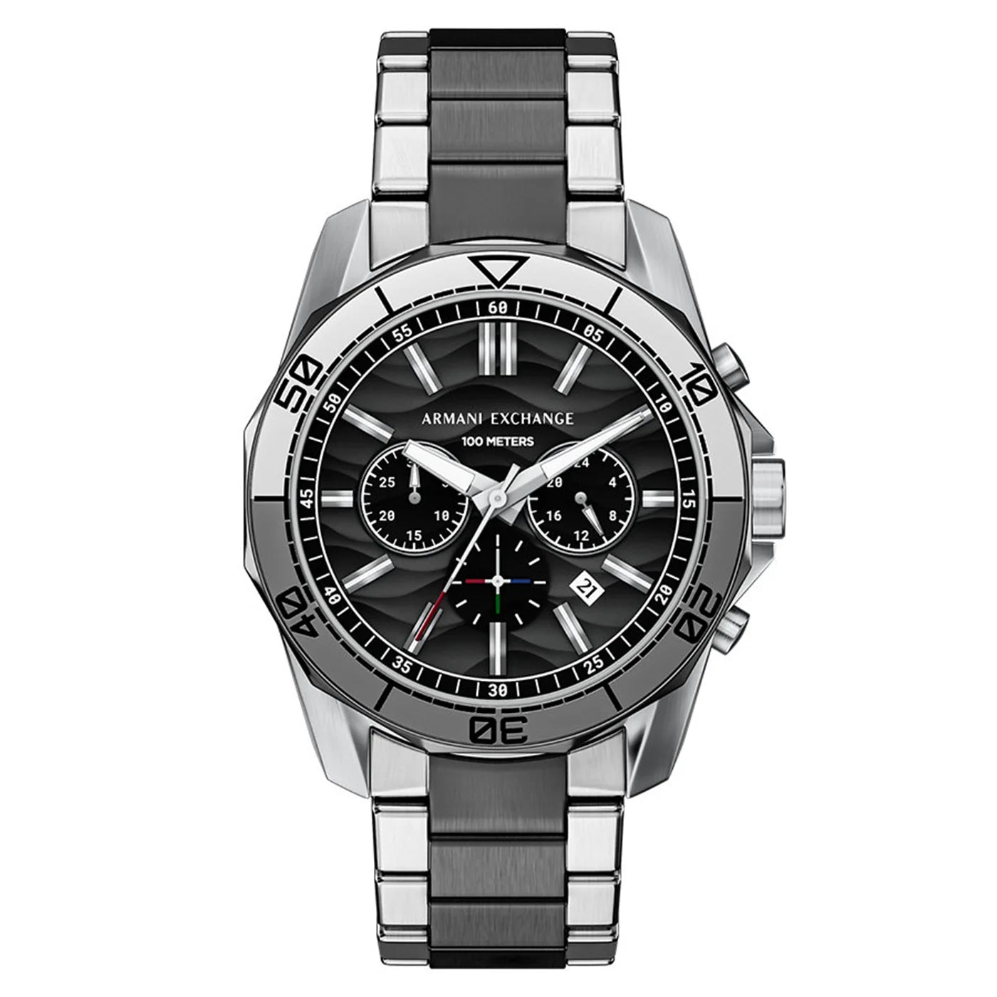 Armani Exchange Men's Chronograph Watch – Black Dial with Two-Tone Gray Stainless Steel Bracelet