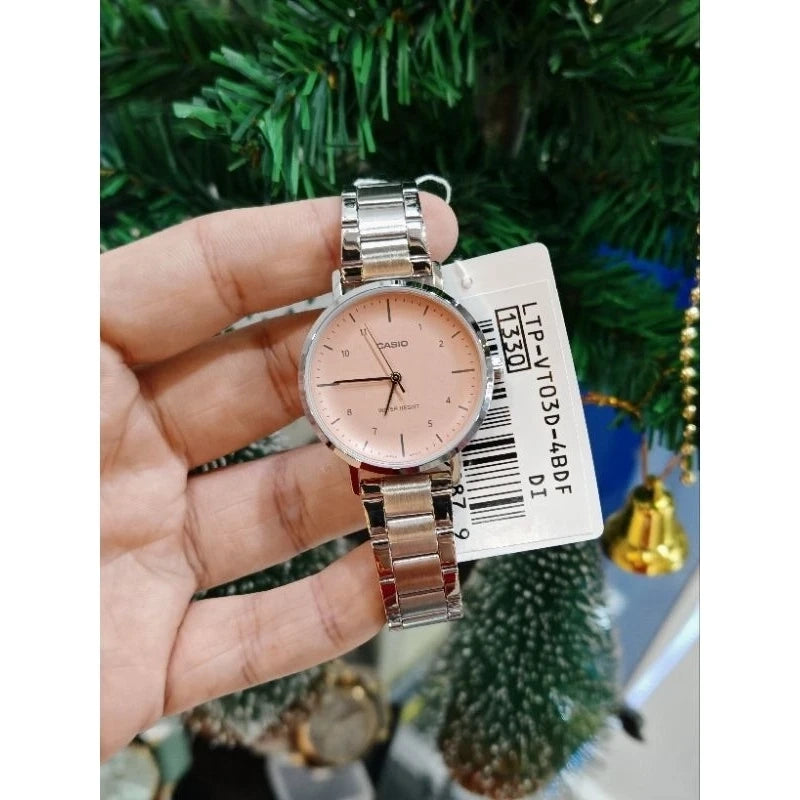 Casio Classic Analog Watch with Silver Strap and Soft Pink Dial for Women
