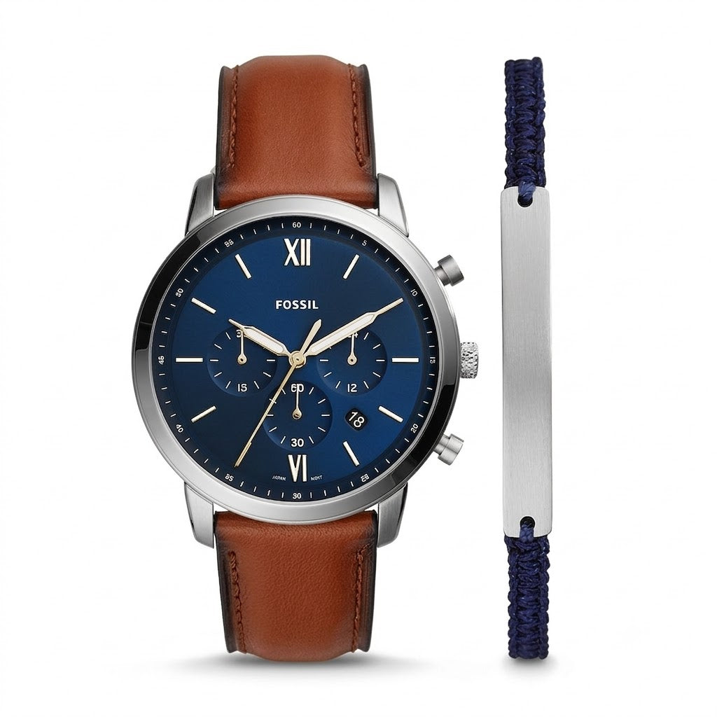 Fossil Men's Quartz Gift Set with Brown Leather Strap Blue Dial Watch and Additional Bracelet FS5708SET
