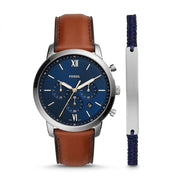Fossil Men's Quartz Gift Set with Brown Leather Strap Blue Dial Watch and Additional Bracelet FS5708SET