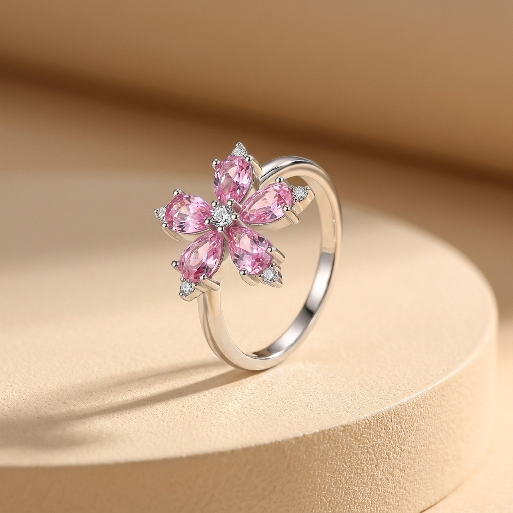 Gold-Plated Women’s Ring with a Pink Square Stone and Elegant Sparkling Details