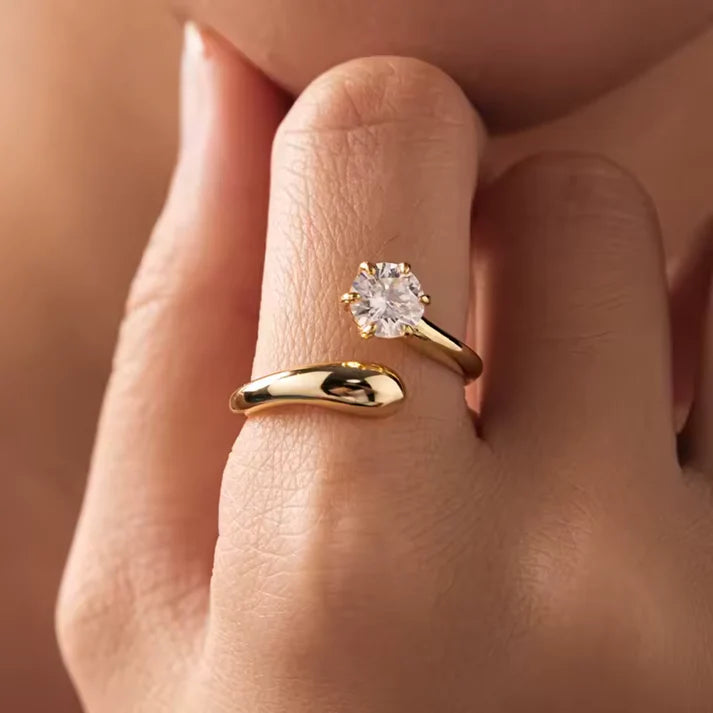 خاتم فضة عيار 925 بحجر موزانايت لامع مطلي ذهب