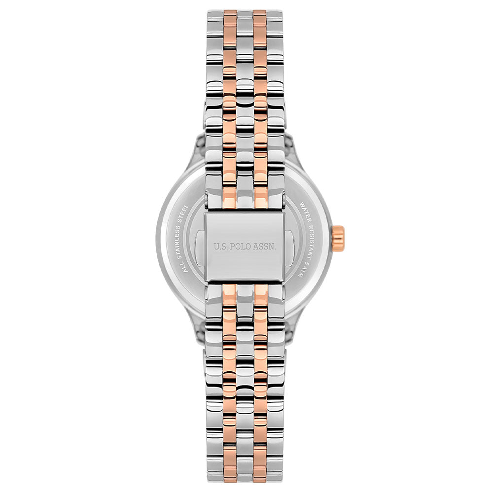 U.S. Polo Assn Women's Analog Watch – Mother-of-Pearl Dial with Crystal Markers & Two-Tone Stainless Steel Bracelet