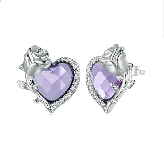 BSE696 - 925 Sterling silver earrings studded with heart and flower-shaped cubic zirconia stones