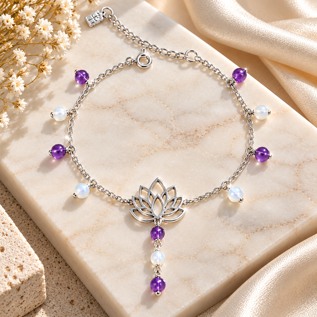 Lotus Anklet with Mother of Pearl and Natural Amethyst, 925 Silver