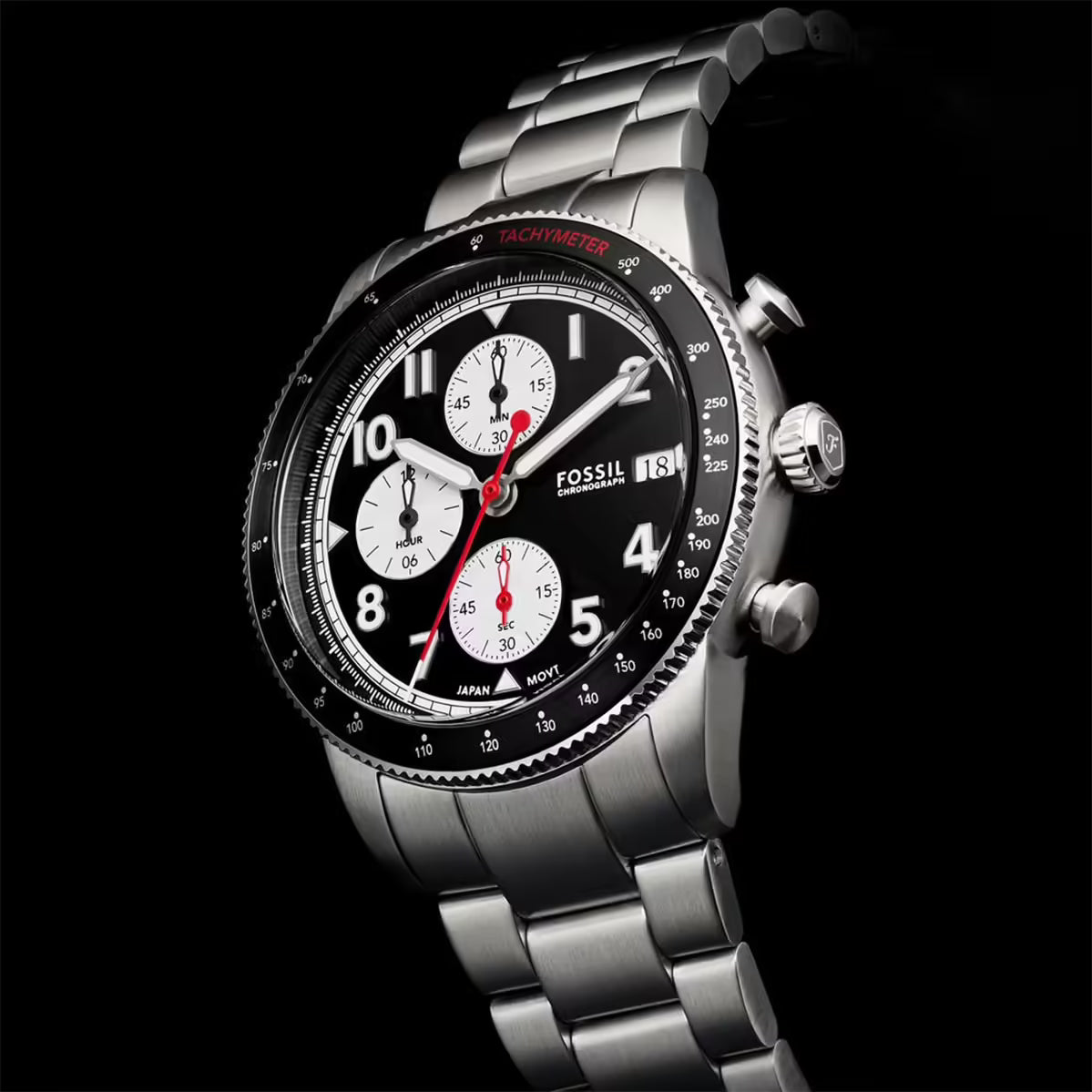 Fossil Sport Tourer Chronograph Black Dial Silver Stainless Steel Men's Watch - FS6045