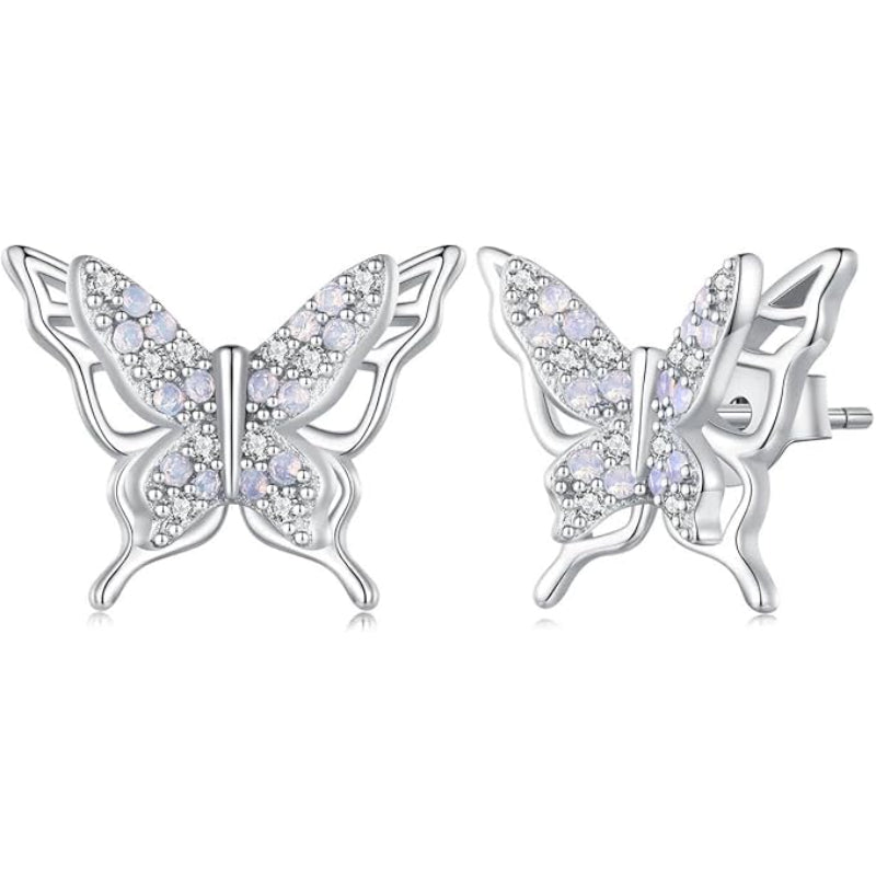 حلق فضة عيار 925 تصميم فراشة مرصّع بفصوص