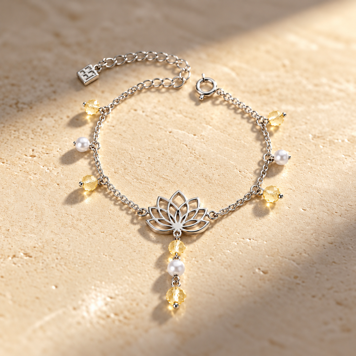 Lotus Bracelet with Shell and Natural Citrine Stones 925 Silver
