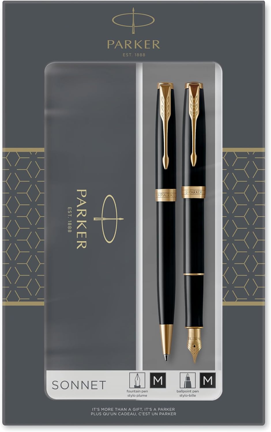Parker Sonnet Duo Gift Set – Ballpoint Pen & Fountain Pen (18K Gold Nib), Gloss Black with Gold Trim – Luxury Gift Box