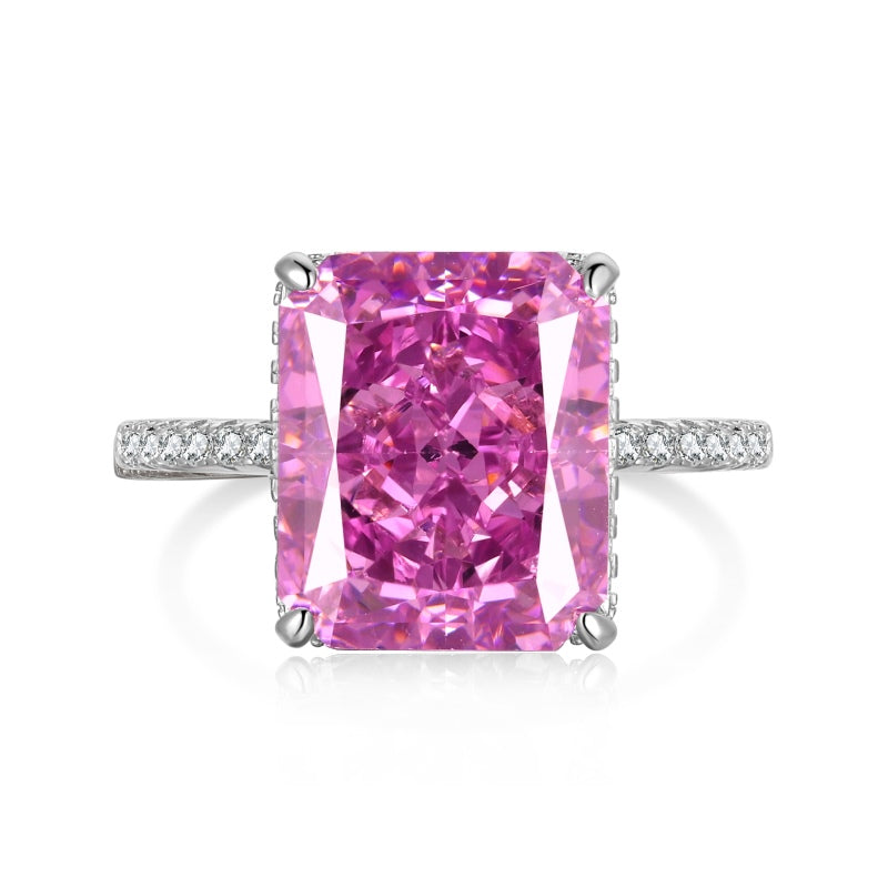 Fuchsia Glow Ring – 925 Sterling Silver with Natural Rectangular Pink Crushed Ice Stone and Pavé Band

