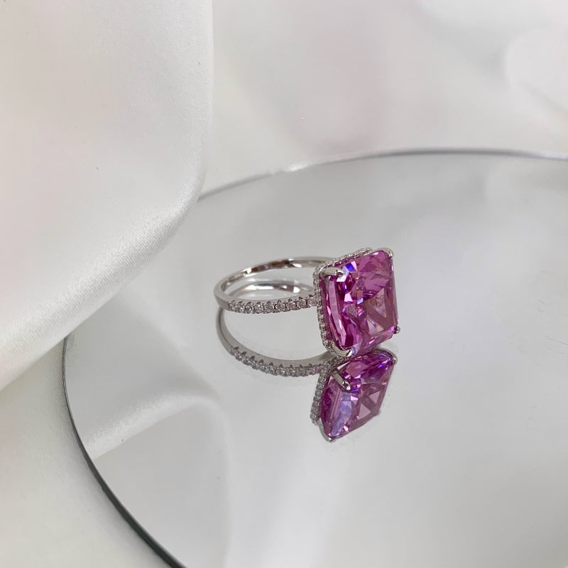 Fuchsia Glow Ring – 925 Sterling Silver with Natural Rectangular Pink Crushed Ice Stone and Pavé Band

