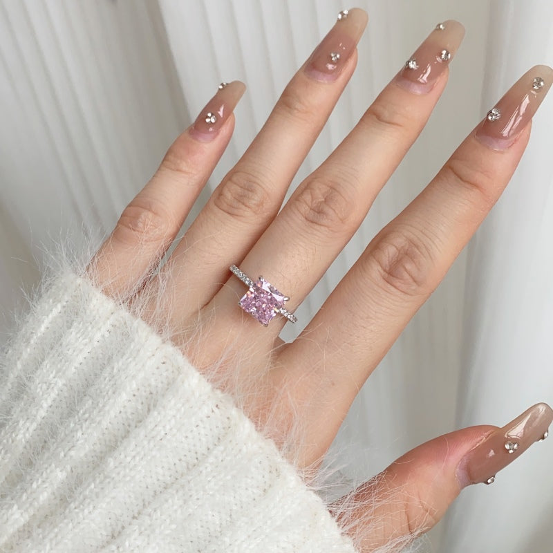 Rose Sparkle Ring – 925 Sterling Silver with Natural Pink Crushed Ice Stone and Pavé Band
