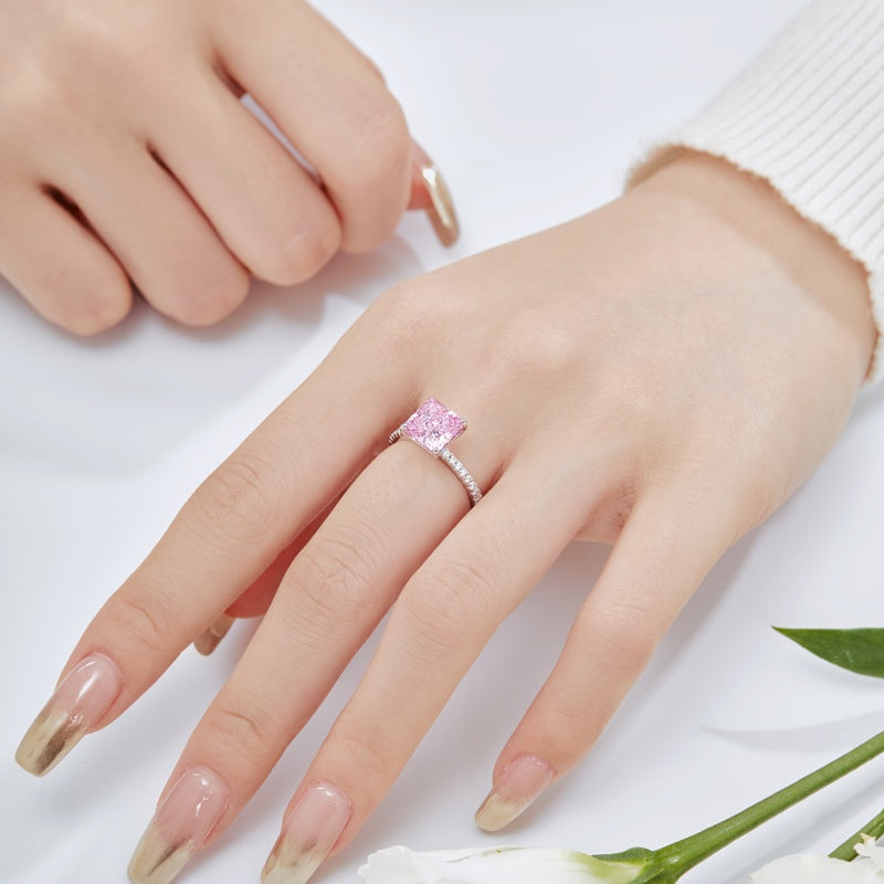 Rose Sparkle Ring – 925 Sterling Silver with Natural Pink Crushed Ice Stone and Pavé Band
