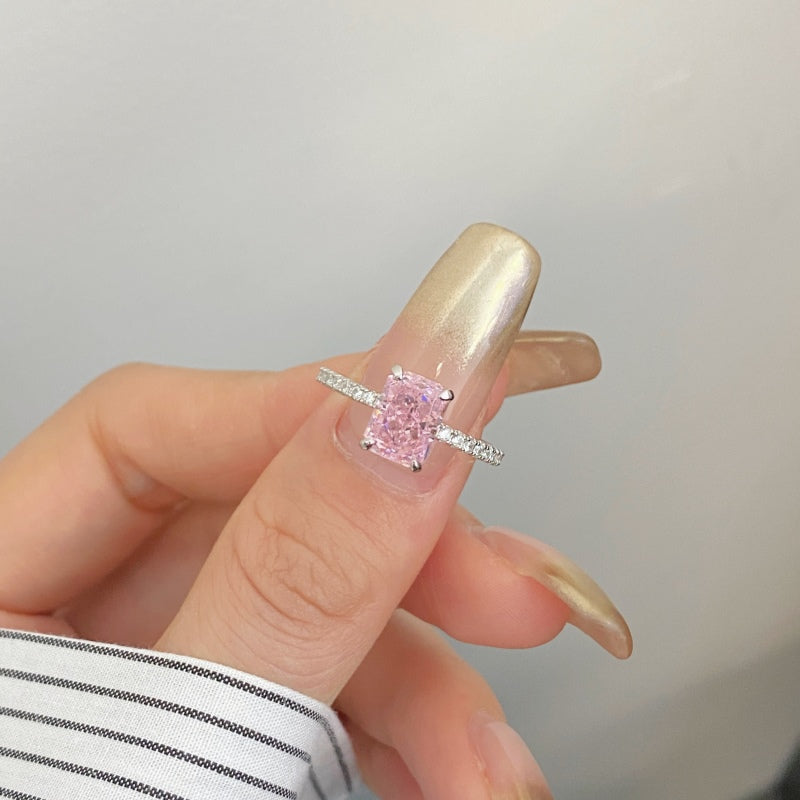 Radiant Rectangle Ring – 925 Sterling Silver with Natural Pink Crushed Ice Stone and Pavé Setting


