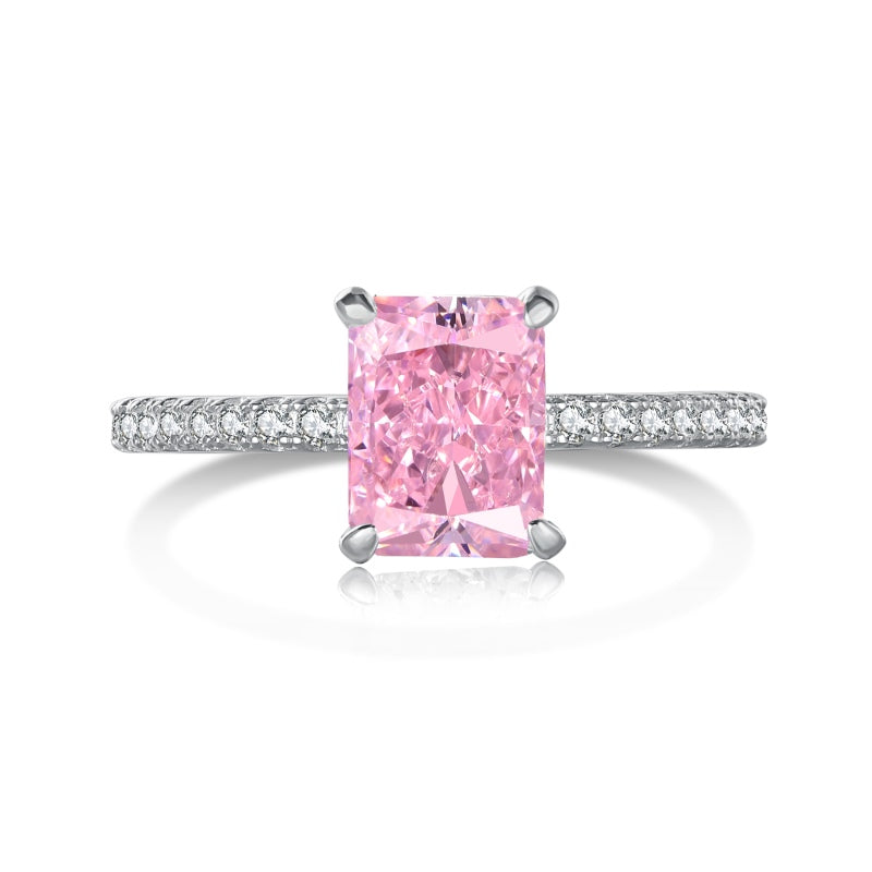 Radiant Rectangle Ring – 925 Sterling Silver with Natural Pink Crushed Ice Stone and Pavé Setting

