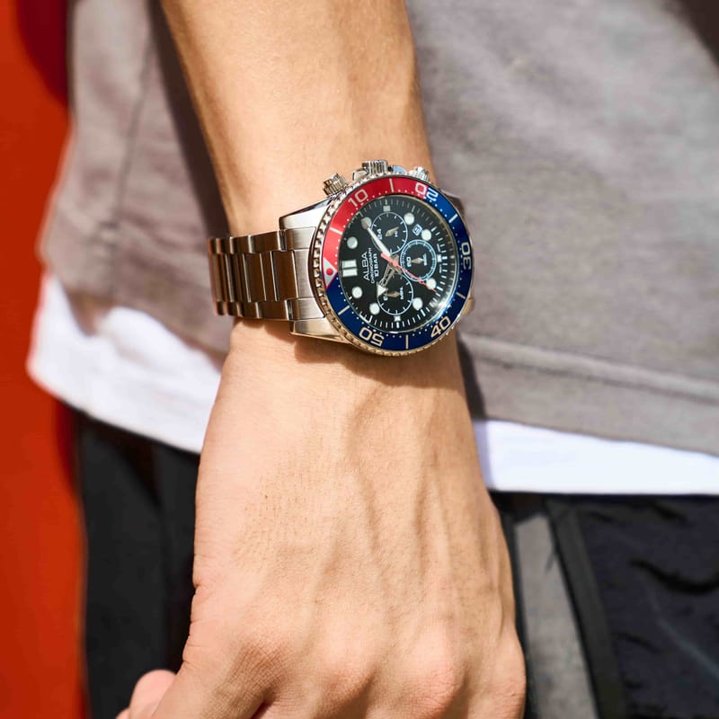 ALBA Men’s Sports Chronograph Watch with Red and Blue Bezel and Stainless Steel Strap