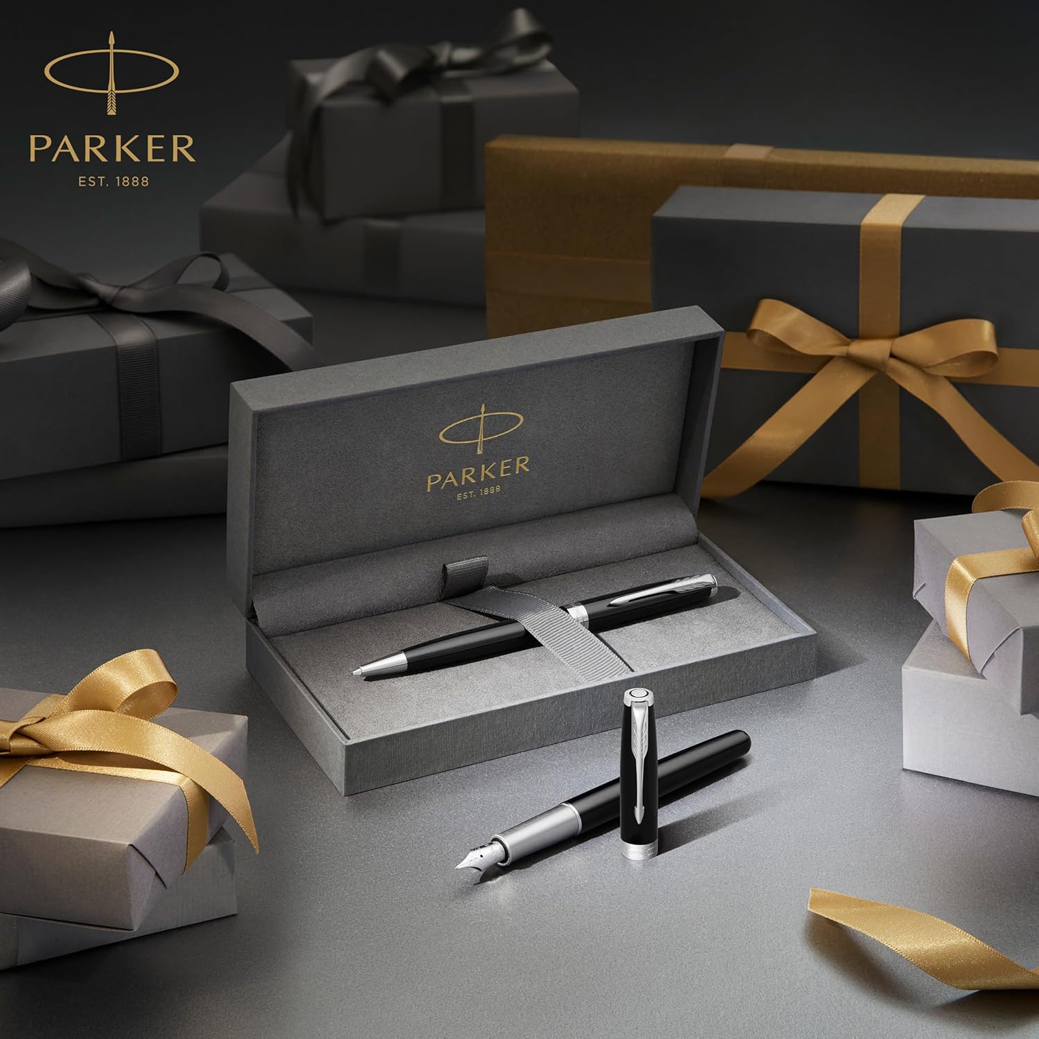 Parker Sonnet Duo Gift Set – Ballpoint Pen & Fountain Pen (18K Gold Nib), Gloss Black with Gold Trim – Luxury Gift Box