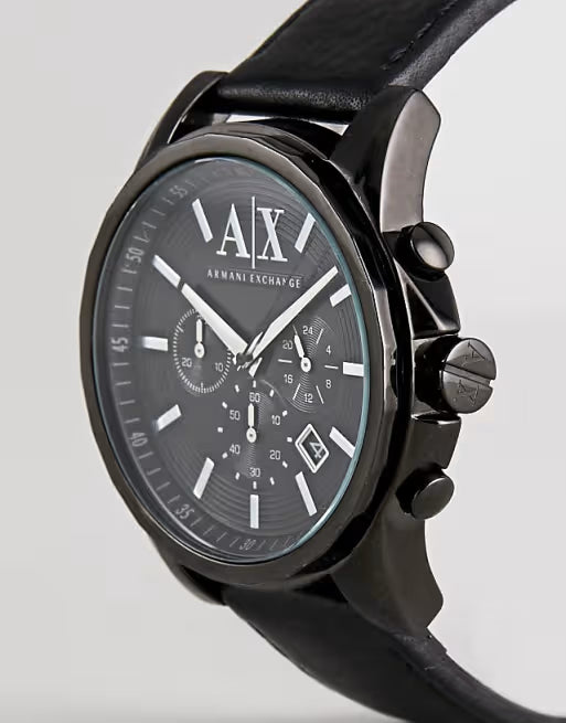 Armani Exchange Men's Chronograph Watch – Black Dial with Black Leather Strap
