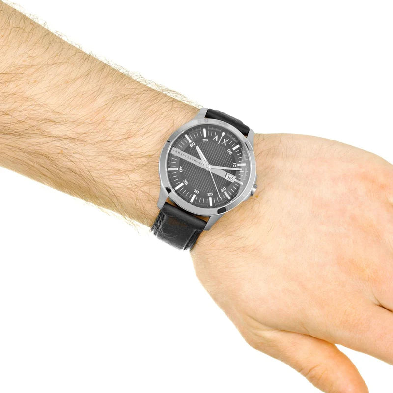 Armani Exchange Men's Analog Watch – Black Dial with Black Leather Strap