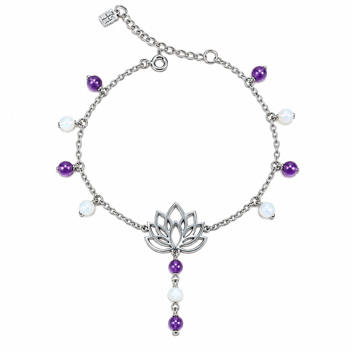 Lotus Anklet with Mother of Pearl and Natural Amethyst, 925 Silver