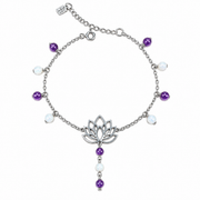 Lotus Anklet with Mother of Pearl and Natural Amethyst, 925 Silver