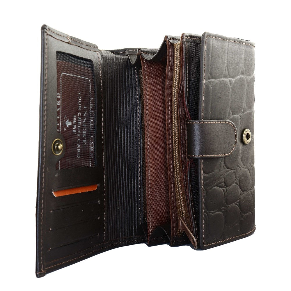 Alpha Women's Crocodile Embossed Genuine Leather Wallet, Brown