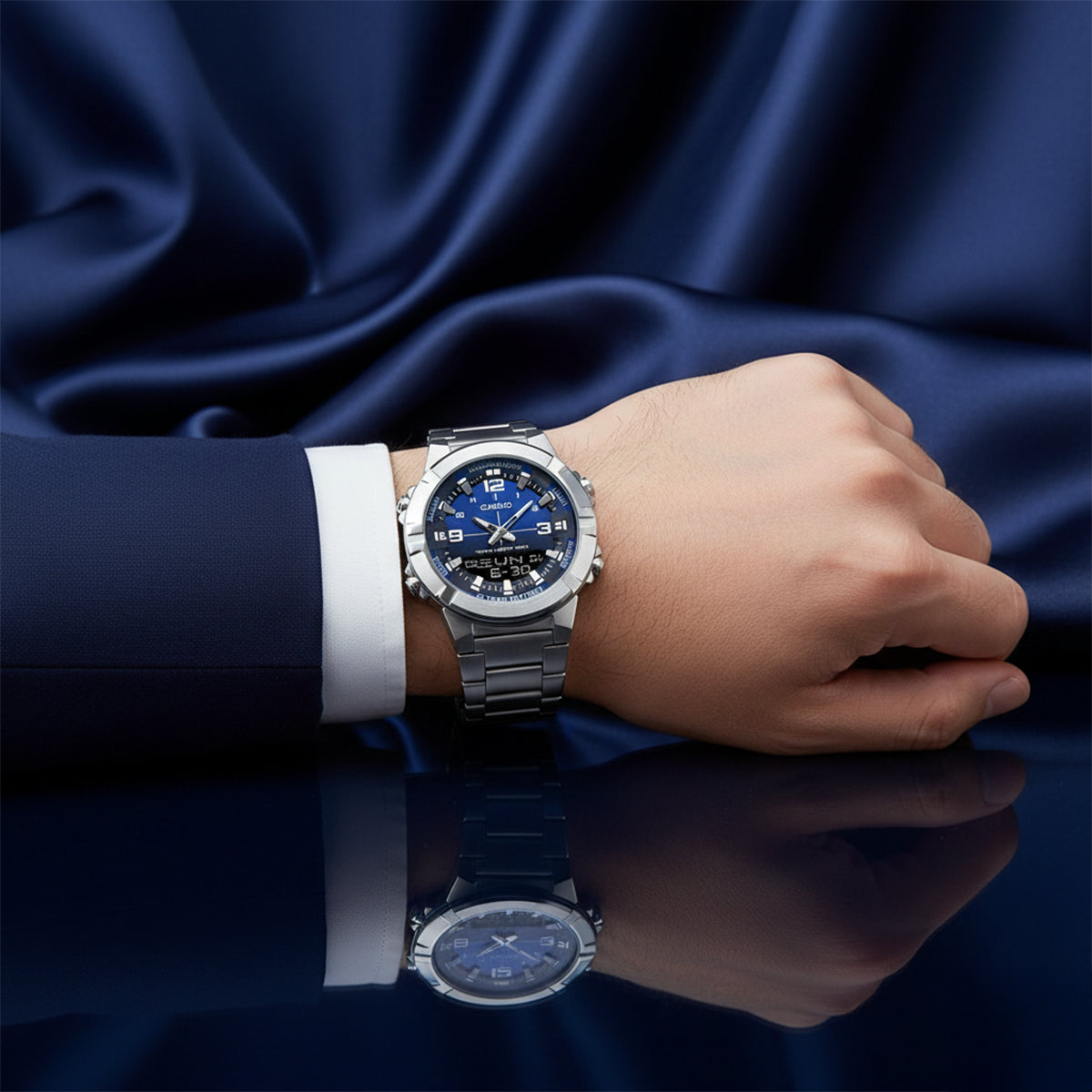 Casio Analog-Digital Stainless Steel Watch with Blue Gradient Dial, for Men - AMW-870DA-2A1VDF