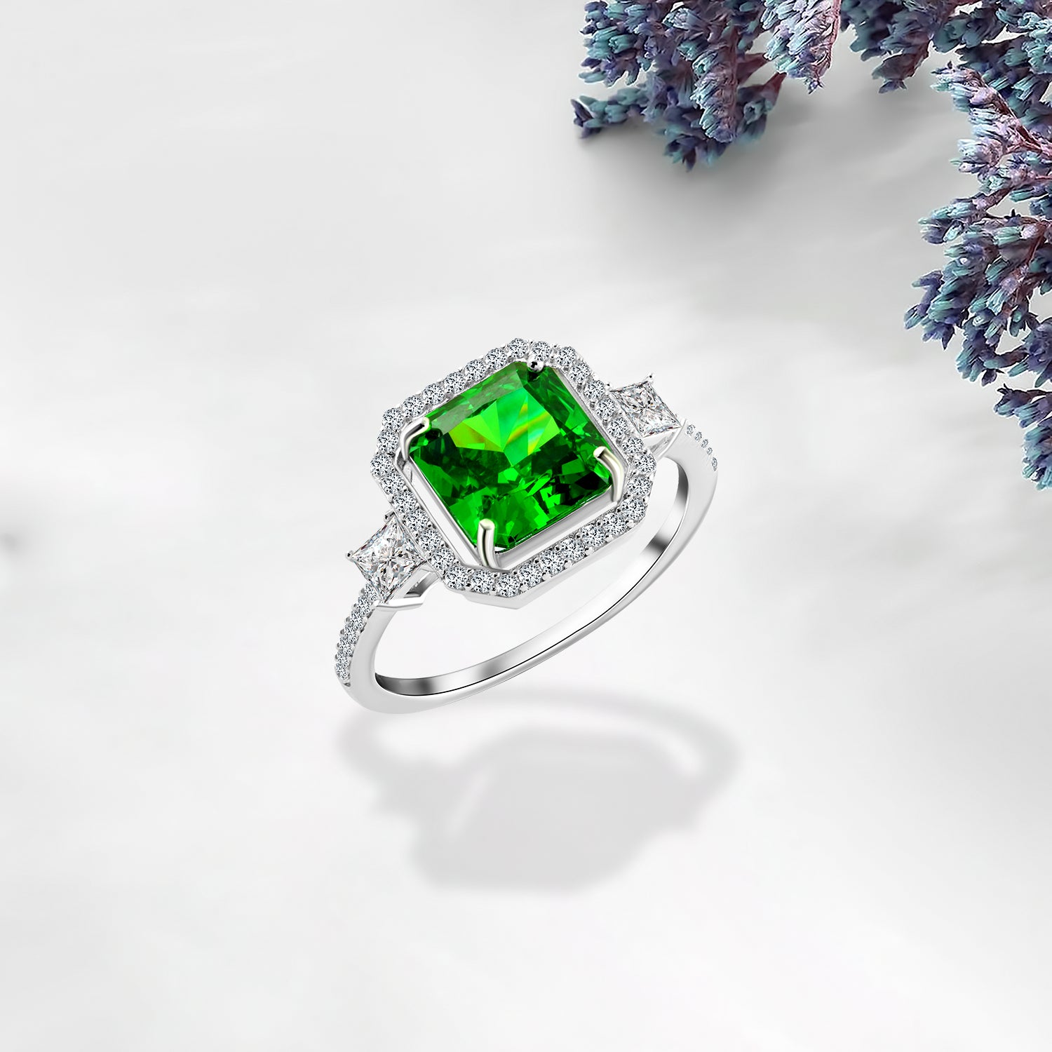 خاتم فضة عيار 925 بفص زركون أخضر ملكي