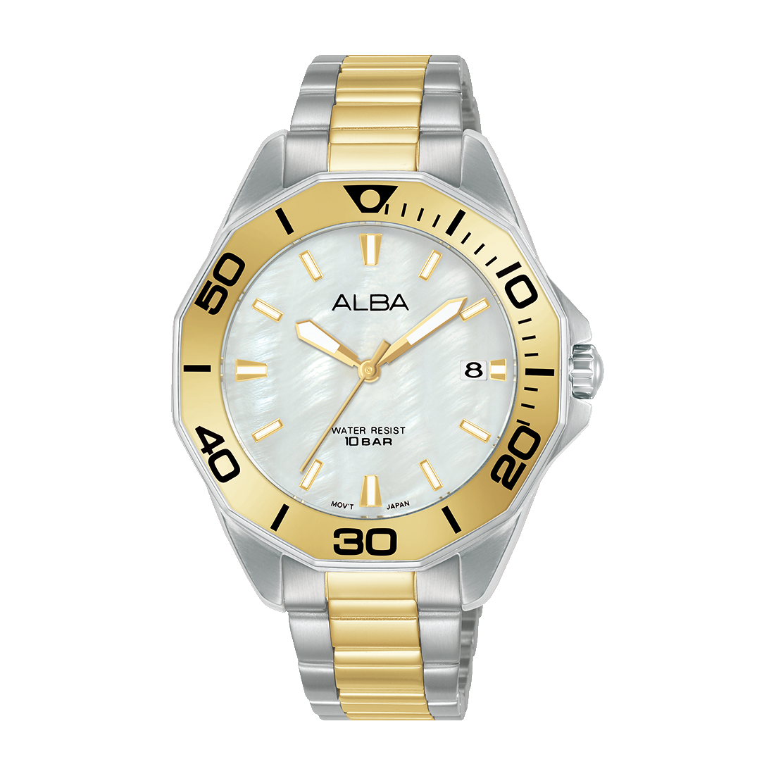 ساعة ألبا نسائية أكتيف سوار استانلس ستيل فضي × ذهبي ومينا أبيض لؤلؤي AG8P21X1