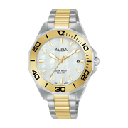 ساعة ألبا نسائية أكتيف سوار استانلس ستيل فضي × ذهبي ومينا أبيض لؤلؤي AG8P21X1