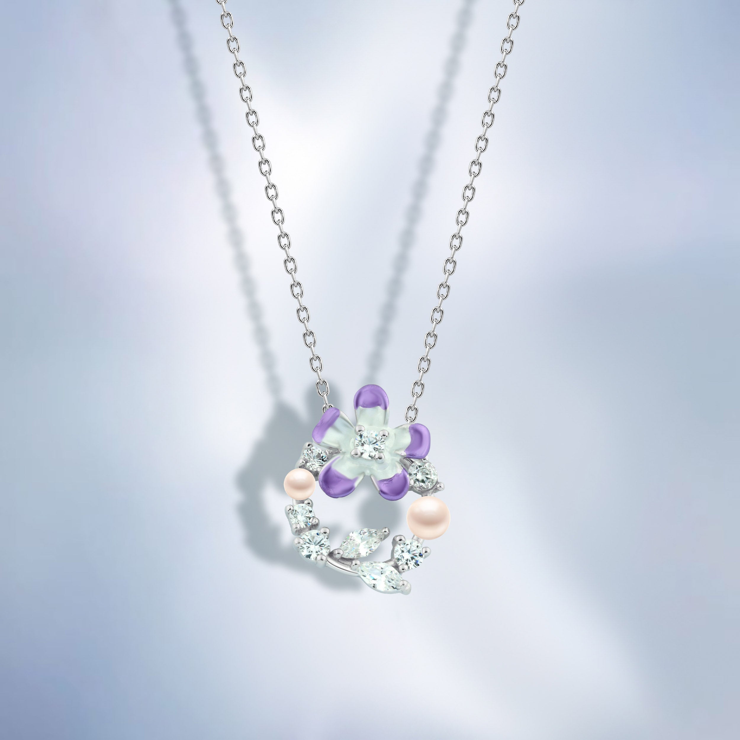 عقد "تصميم زهرة مرصعة مع لؤلؤ" فضة عيار 925