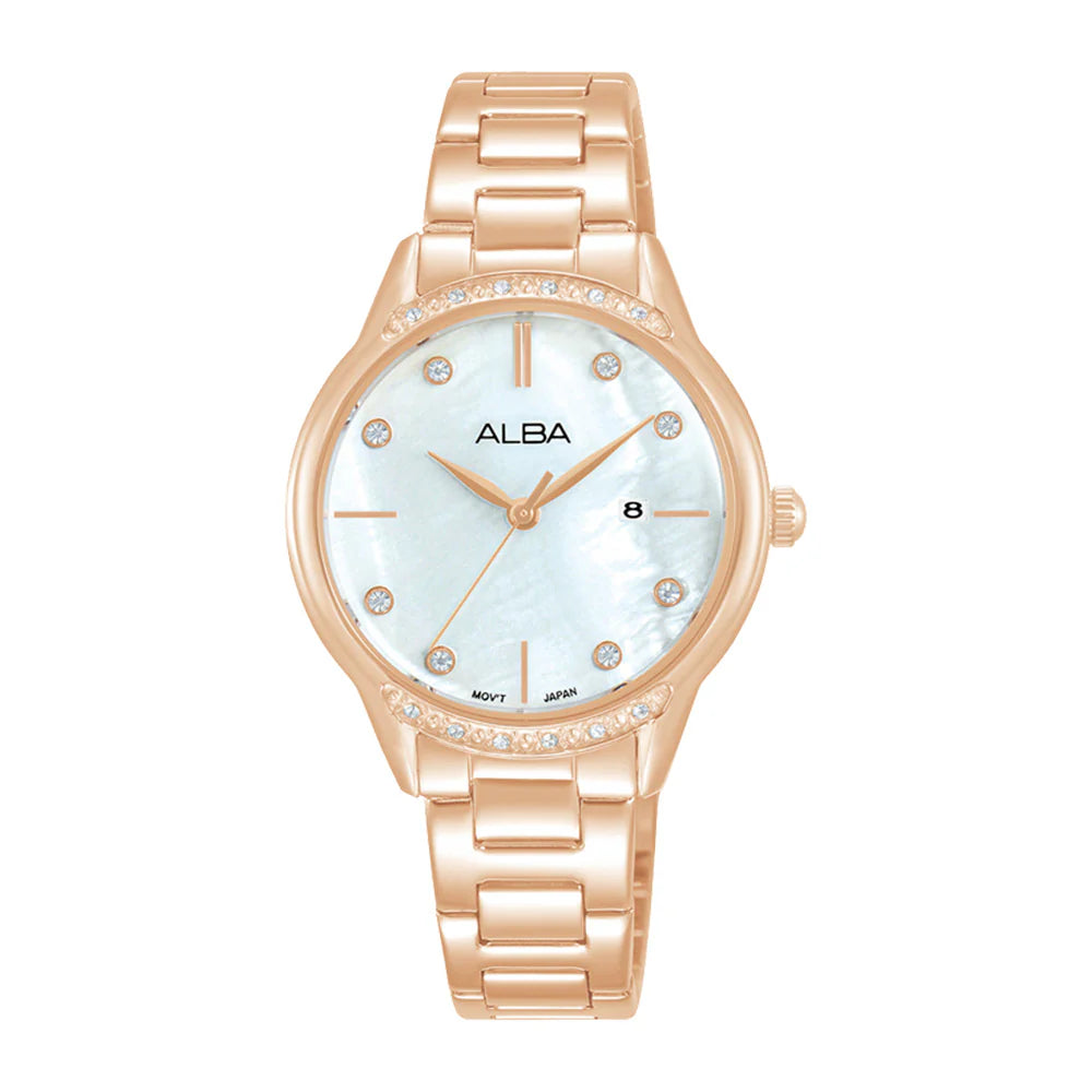 ساعة يد البا حريمي انالوج معدن روز جولد وميناء بيضاء