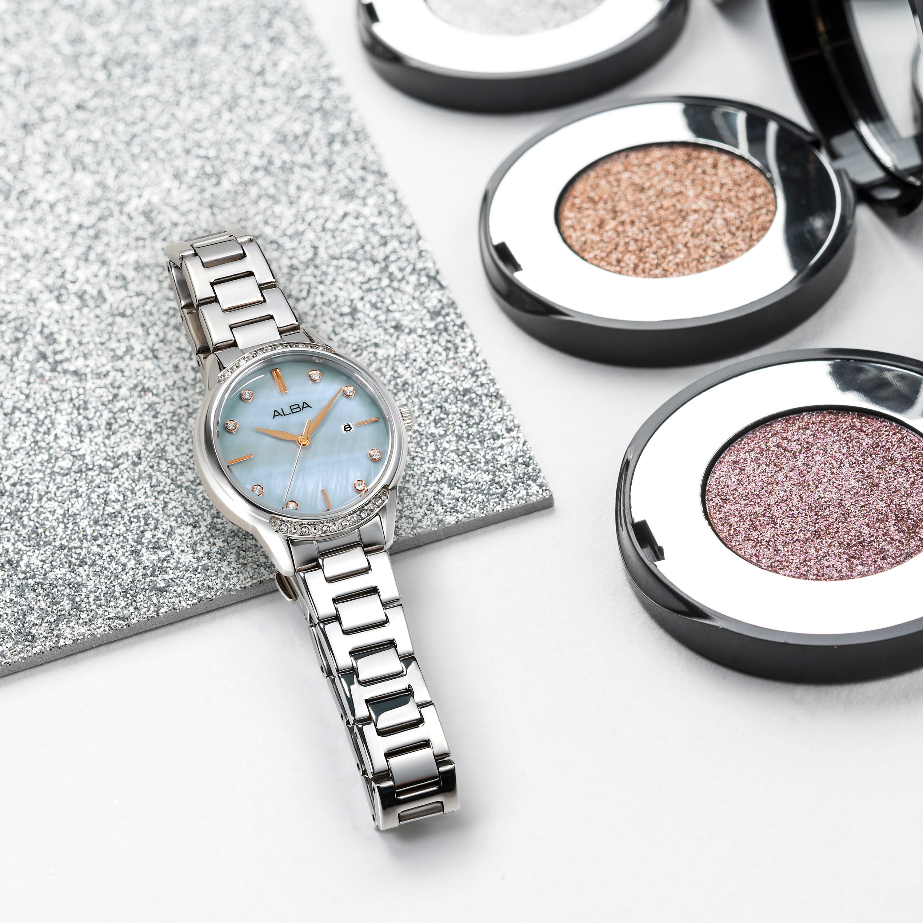 ساعة ألبا نسائية بسوار ستانلس ستيل، مينا رمادي عرق اللؤلؤ  AH7AQ3X1