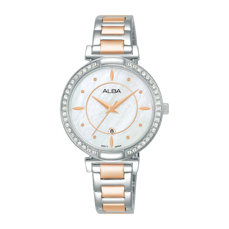 Alba Women’s Analog Gold-Tone Stainless Steel Watch with Crystal-Studded Gold Dial