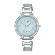 Alba Women’s Analog Wristwatch, Silver Metal with Light Blue Crystal-Studded Dial