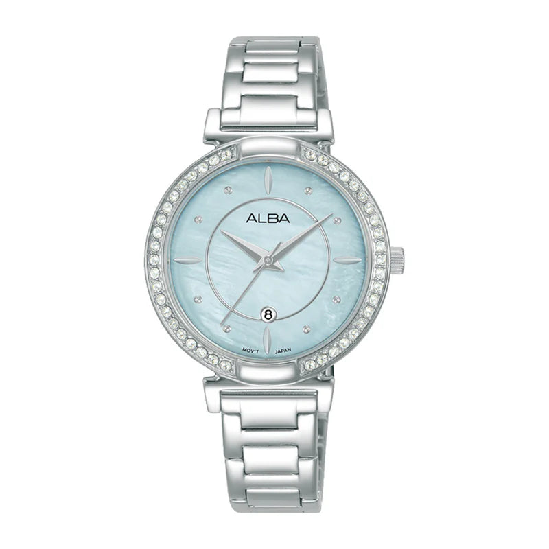 Alba Women’s Analog Wristwatch, Silver Metal with Light Blue Crystal-Studded Dial