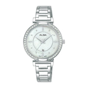 Alba Women’s Analog Wristwatch, Silver Metal with White Mother-of-Pearl Crystal-Studded Dial