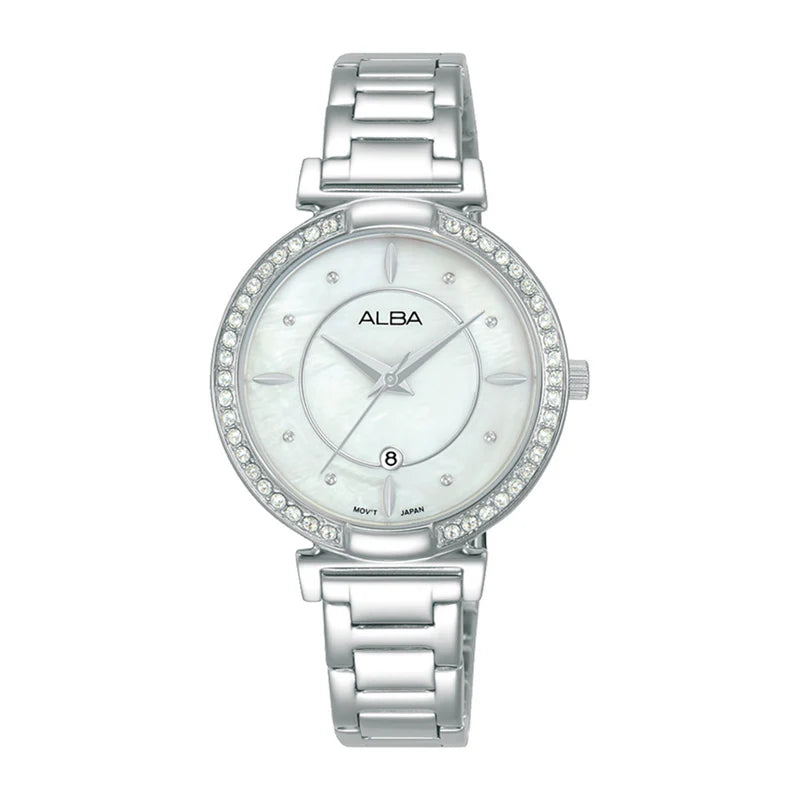 Alba Women’s Analog Wristwatch, Silver Metal with White Mother-of-Pearl Crystal-Studded Dial