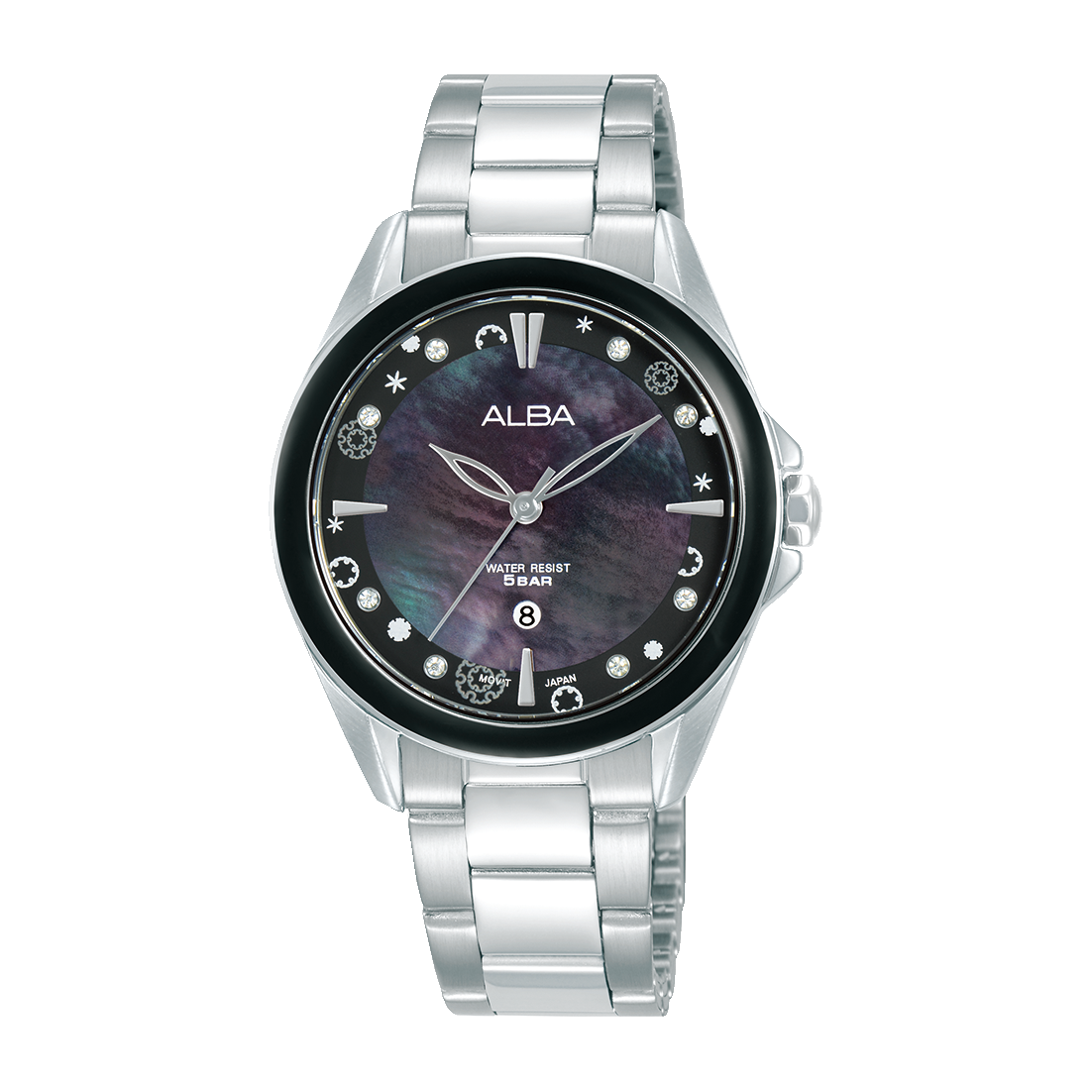 ALBA Women's Watch Fashion Stainless Steel Band, Black Mother-Of-Pearl Dial AH7DV5X1