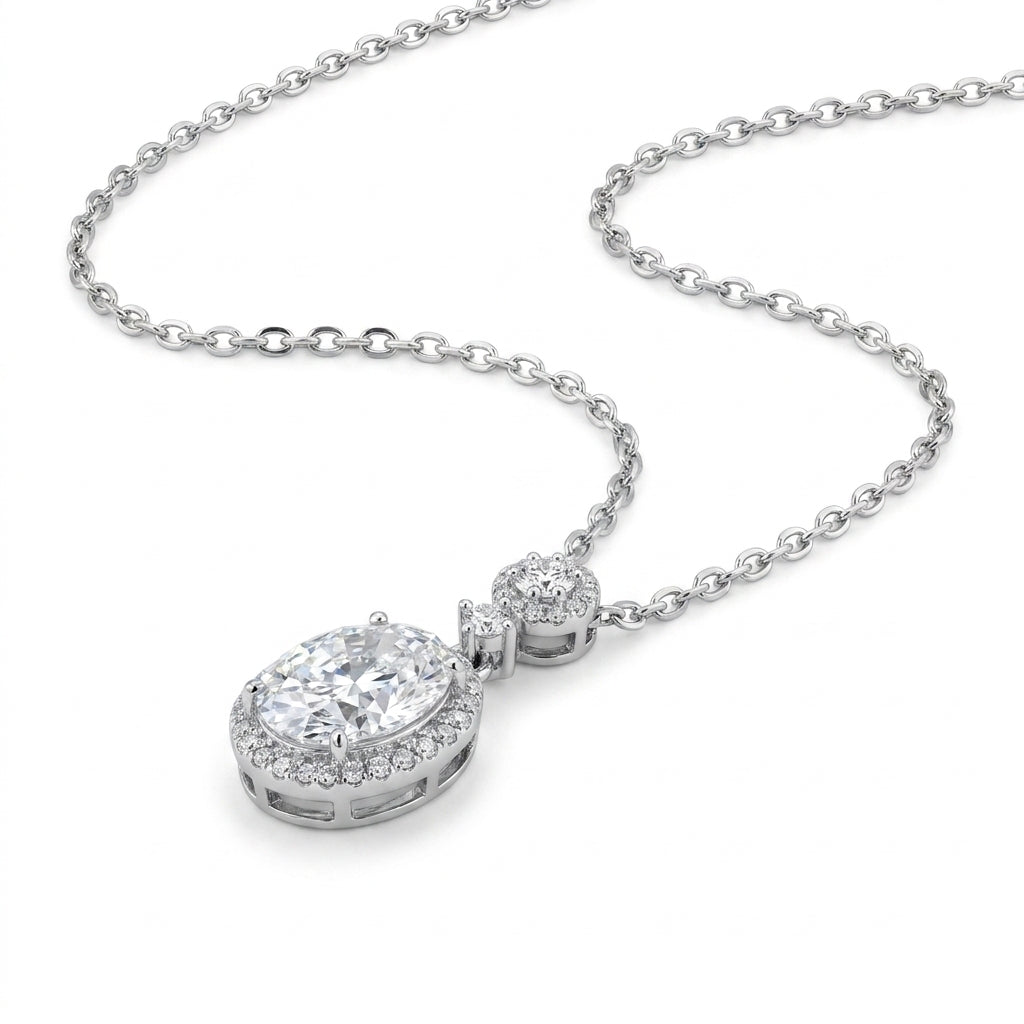 Elegant 925 Silver Necklace with a Sparkling Oval Stone and Halo Setting