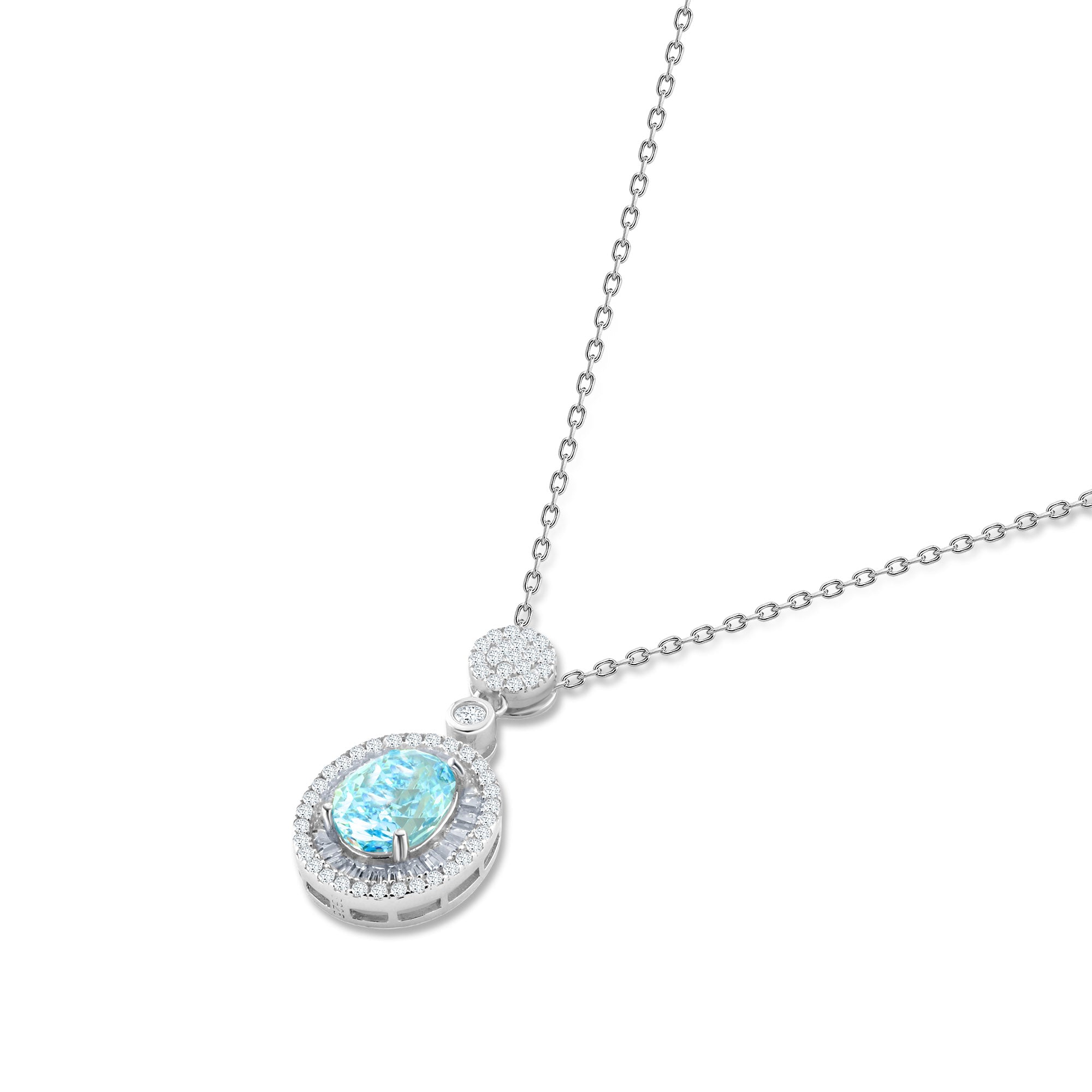 925 Silver Necklace with an Oval Stone Surrounded by a Halo of Sparkling Stones