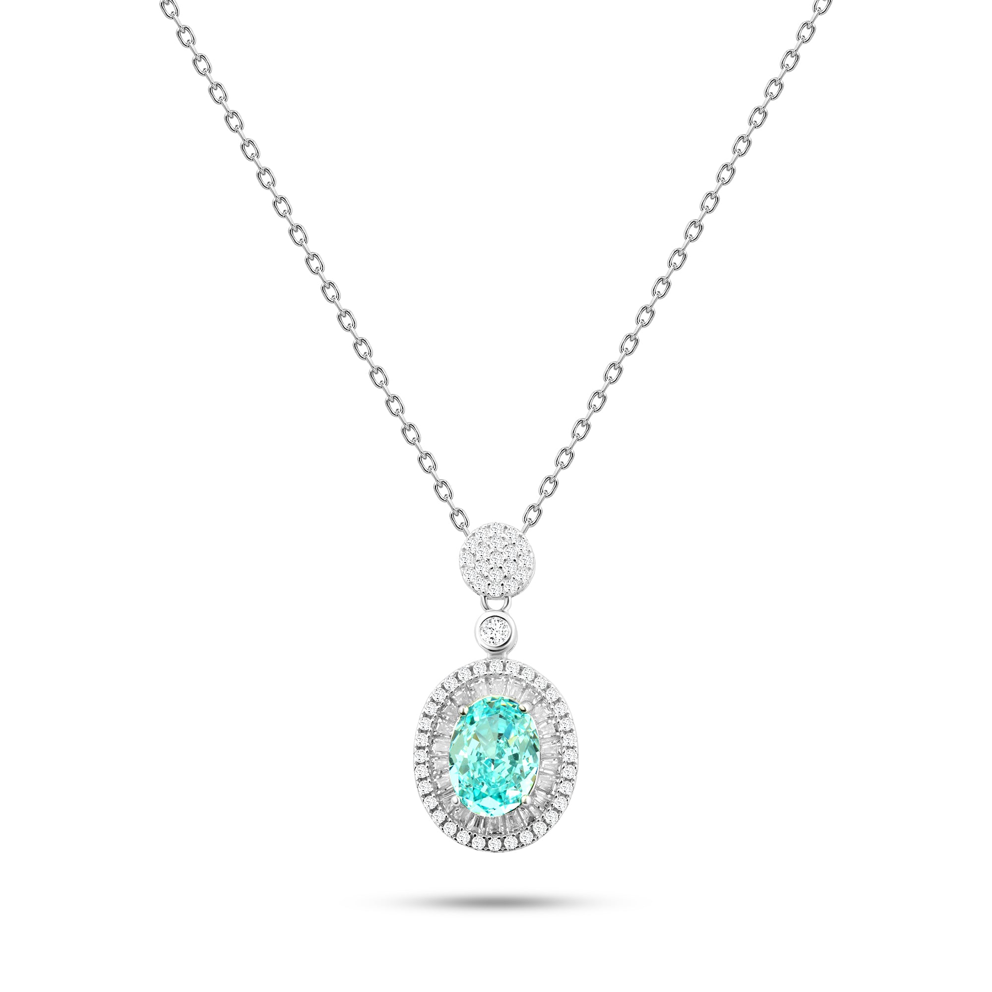 925 Silver Necklace with an Oval Stone Surrounded by a Halo of Sparkling Stones