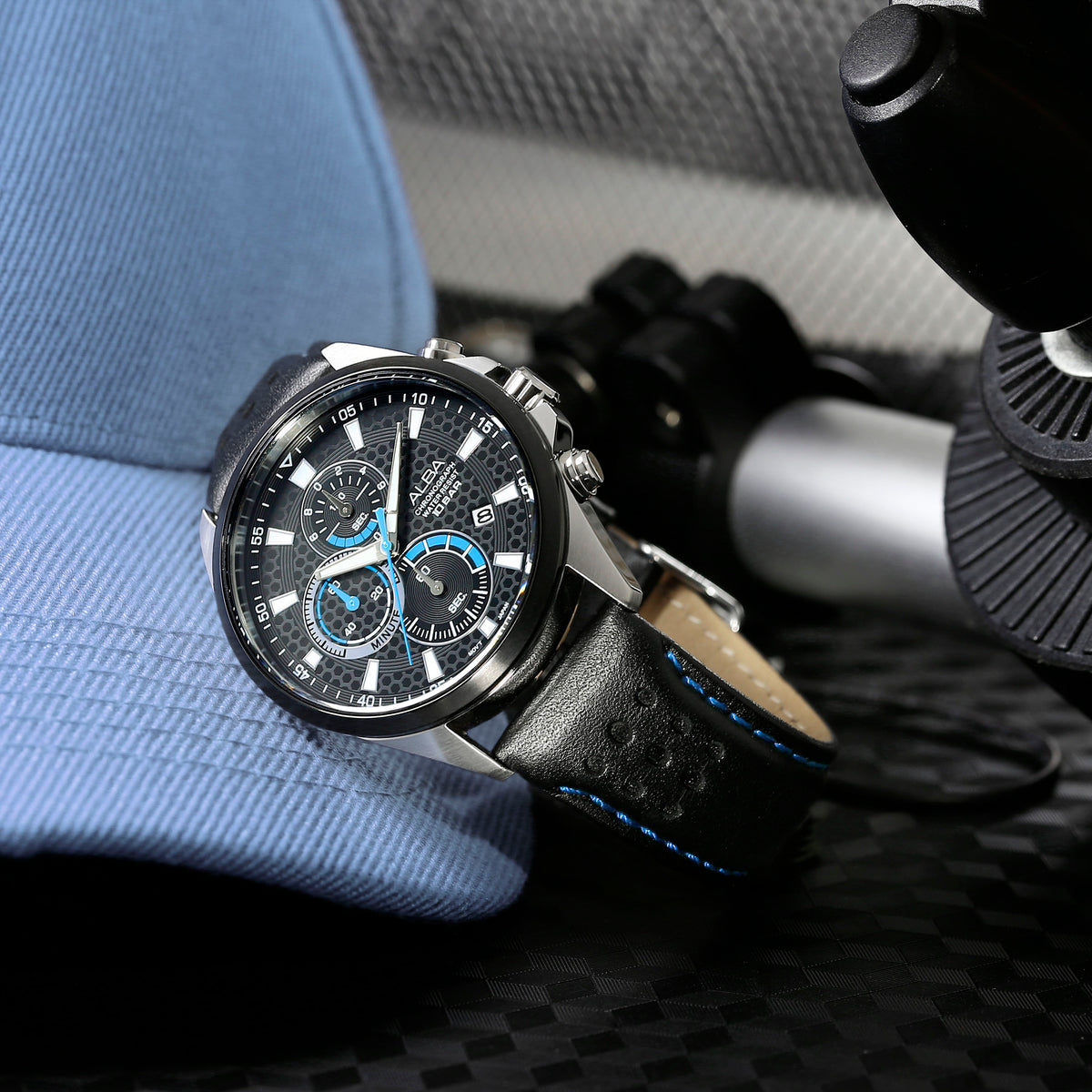 Men's wristwatch, chronograph, with black leather strap