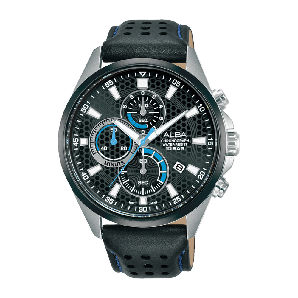 Men's wristwatch, chronograph, with black leather strap