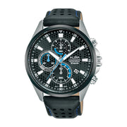 Men's wristwatch, chronograph, with black leather strap