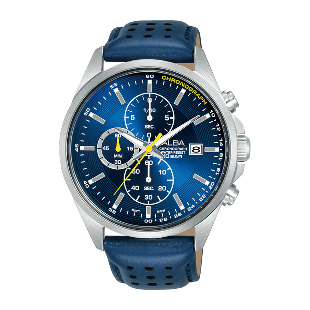 ساعة يد البا رجالي كرونوجراف جلد ميناء زرقاء