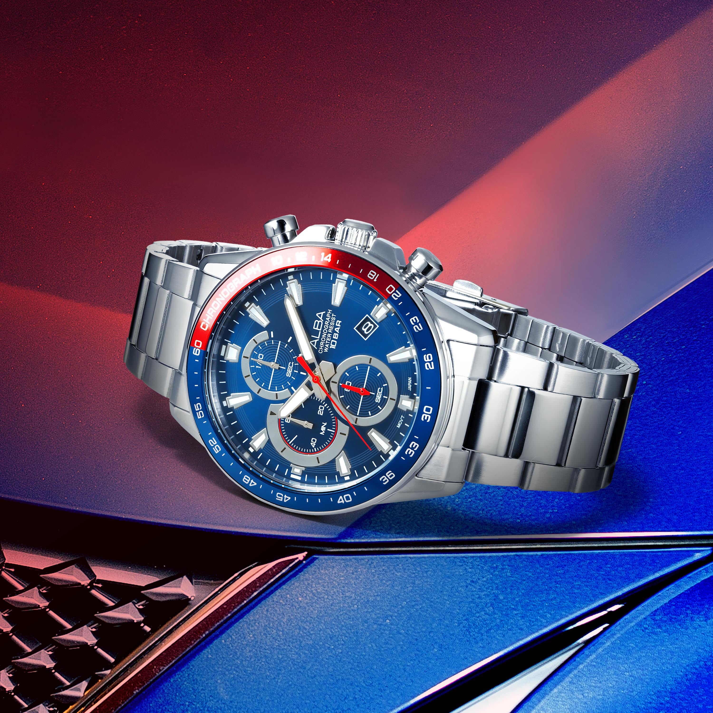 Alba Men's Active Chronograph Watch with Blue & Red Case and Blue Dial AM3A21X1